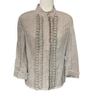 Philippe Adec 100% Linen Jacket Beige Fringe Ruffle Snap Front Womens 8